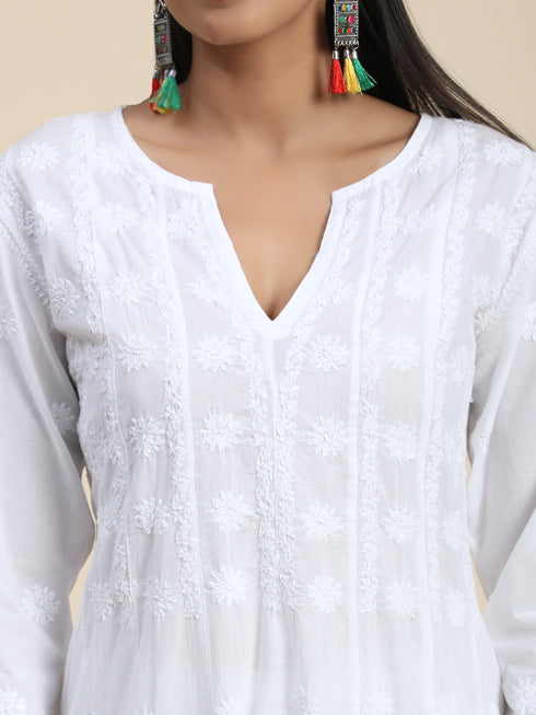 Chikankari Hand embroidery Anarkali Dress in Cotton White